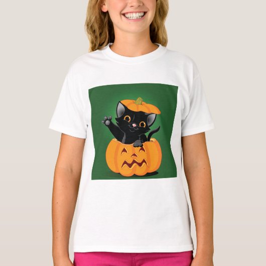 カボチャの女の子Tシャツを着た黒猫 Tシャツ (正面)