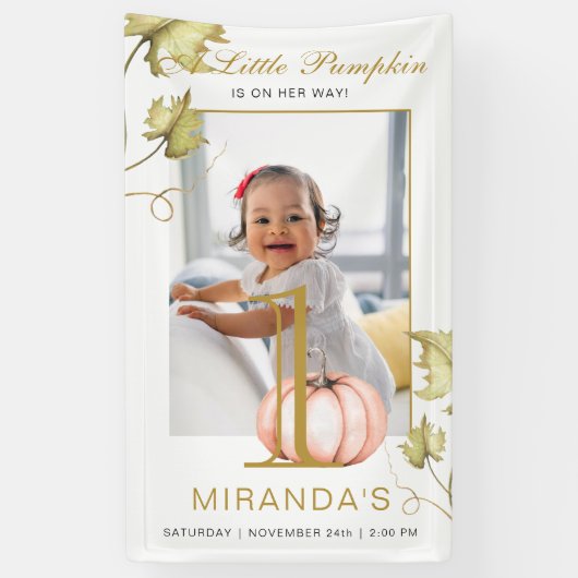 カボチャの小さな写真の最初の誕生日パーティー 横断幕 (縦)