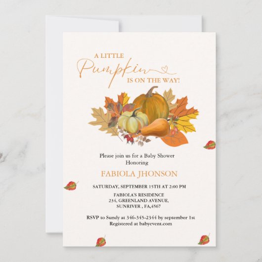 カボチャの小さな秋の赤ちゃんシャワー 招待状 (正面)