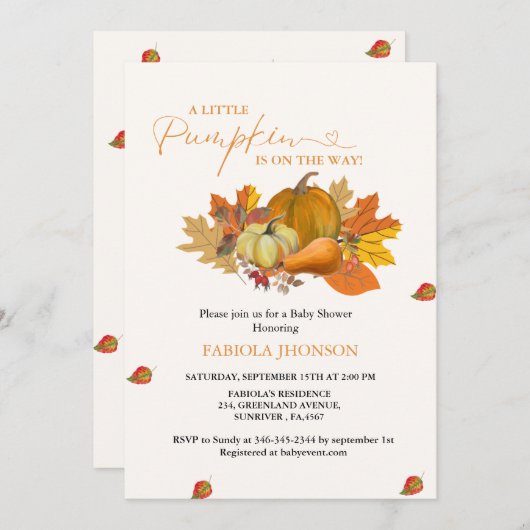 カボチャの小さな秋の赤ちゃんシャワー 招待状 (正面/裏面)