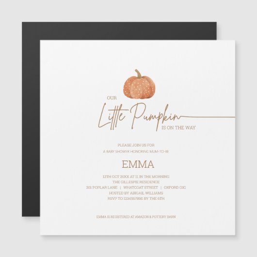 カボチャの小さな秋男女兼用の赤ちゃんシャワー マグネット招待状 (正面/裏面)