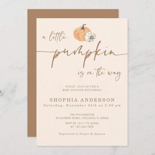 カボチャの小さな秋男女兼用の赤ちゃんシャワー 招待状 (正面/裏面)