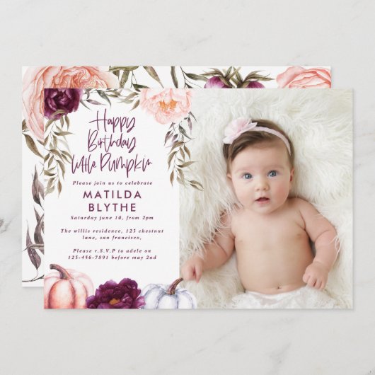 カボチャの小さな秋紫の桃の誕生日の写真 招待状 (正面/裏面)