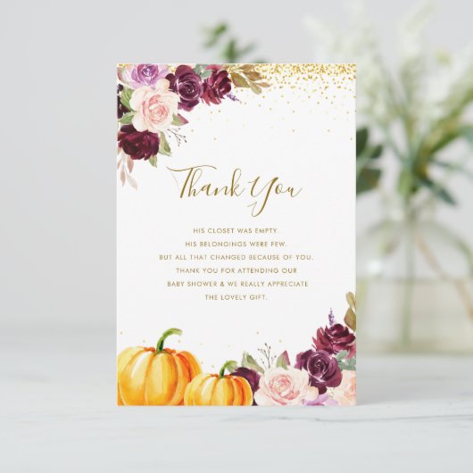 カボチャの小さな赤ちゃんシャワーサンキューカード サンキューカード (スタンド正面)