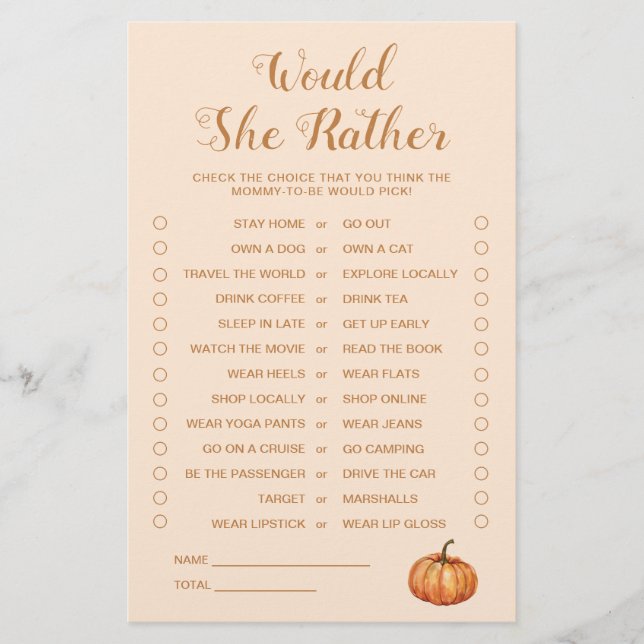 カボチャの小さな赤ちゃんシャワー彼女はむしろゲームだろう (正面)