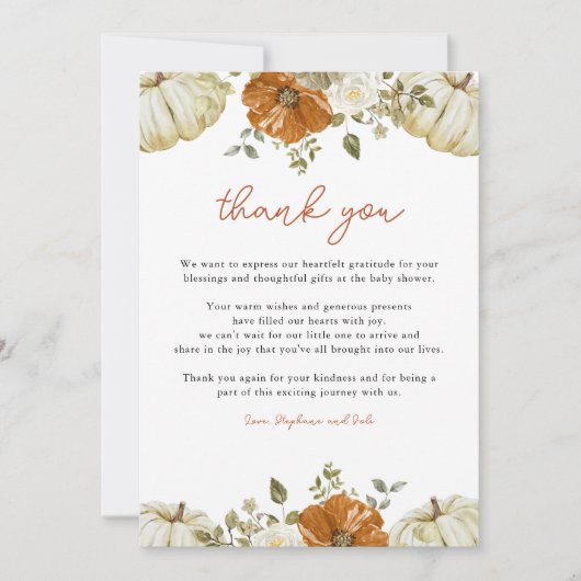カボチャの小さな赤ちゃんシャワー サンキューカード (正面)