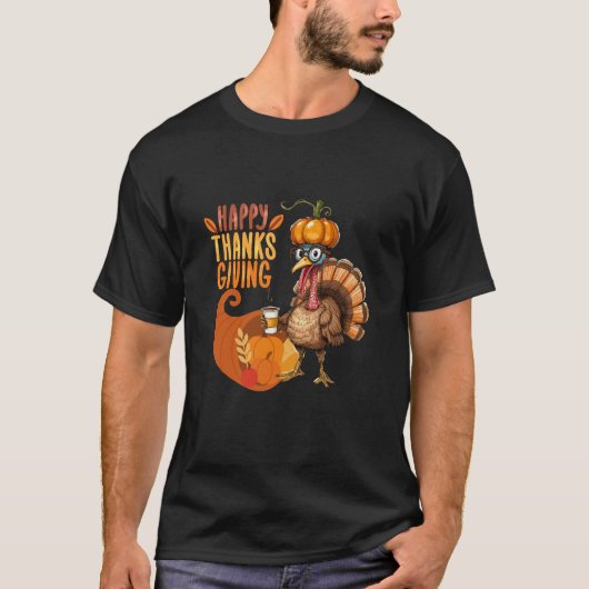 カボチャの帽子をかぶったサンクスギビングの七面鳥 Tシャツ (正面)
