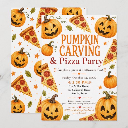カボチャの彫刻とピザパーティーの招待状 招待状 (正面/裏面)