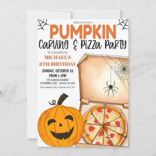 カボチャの彫刻とピザ招待状 招待状 (正面)