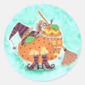 カボチャの後ろのパップハロウィーングリーンステッカー ラウンドシール (正面)