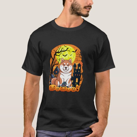 カボチャの怖いハロウィンおもしろいのある秋田犬 Tシャツ (正面)