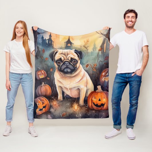 カボチャの怖いハロウィーンパグ フリースブランケット (インサイチュ)