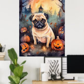 カボチャの怖いハロウィーンパグ ポスター (ホームオフィス)