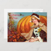 カボチャの感謝祭の巡礼少女 シーズンポストカード (正面/裏面)