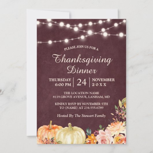 カボチャの文字列ライトサンクスギビングディナーフローラ 招待状 (正面)
