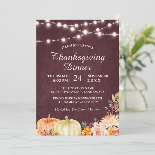 カボチャの文字列ライトサンクスギビングディナーフローラ 招待状 (スタンド正面)