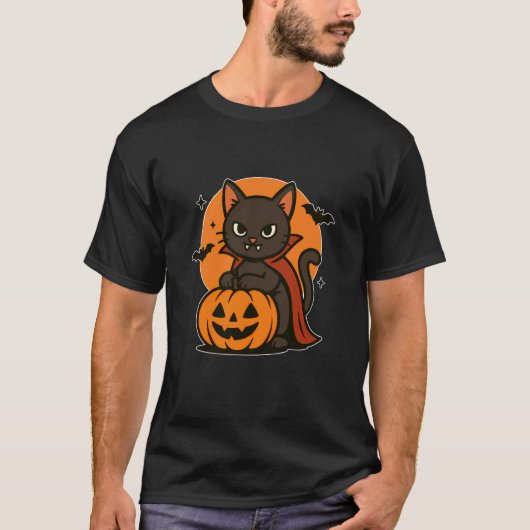 カボチャの月とヴァンパイアキャット Tシャツ (正面)