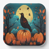 カボチャの森の中のハロウィンカラス ペーパープレート (正面)