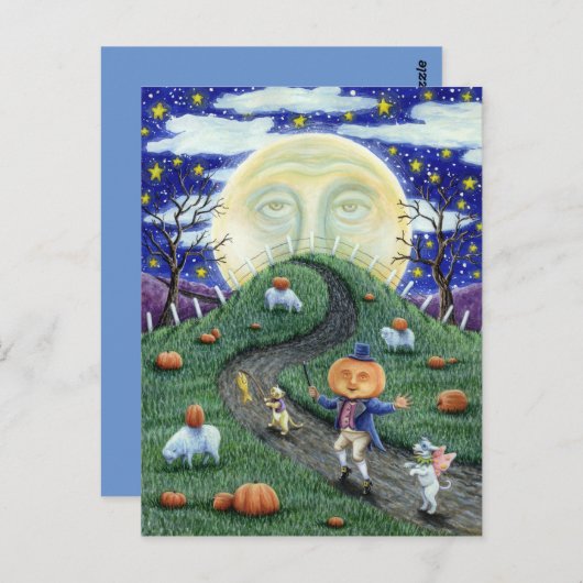 カボチャの男はハロウィーンの月の中で男に会った ポストカード (正面/裏面)