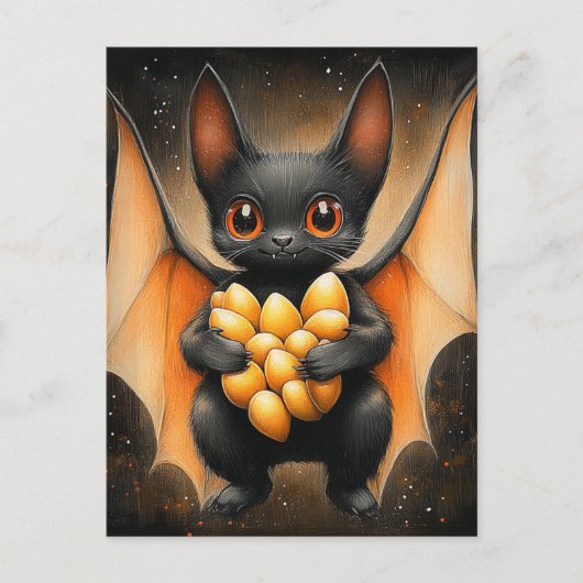 カボチャの種と愛らしいハロウィーンこうもり ポストカード (正面)