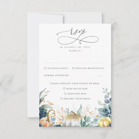 カボチャの緑と金ゴールド結婚式RSVP 出欠カード (正面)