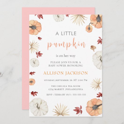 カボチャの緑の小さな離れ赤ん坊シャワー 招待状 (正面/裏面)