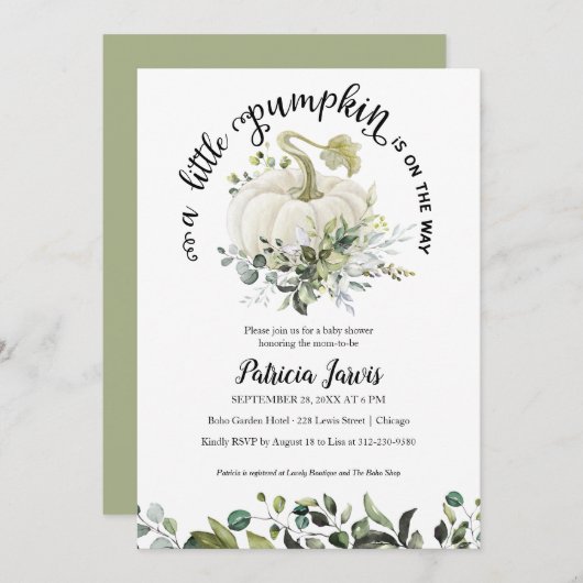カボチャの緑の赤ちゃんシャワー招待状 (正面/裏面)