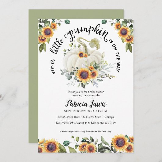 カボチャの緑の赤ちゃんシャワー招待状 (正面/裏面)