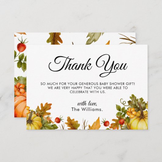 カボチャの葉の秋の赤ちゃんシャワー サンキューカード (正面/裏面)