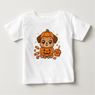 カボチャの衣装を着たかわいい子犬 – かわいいハロウィーン ベビーTシャツ