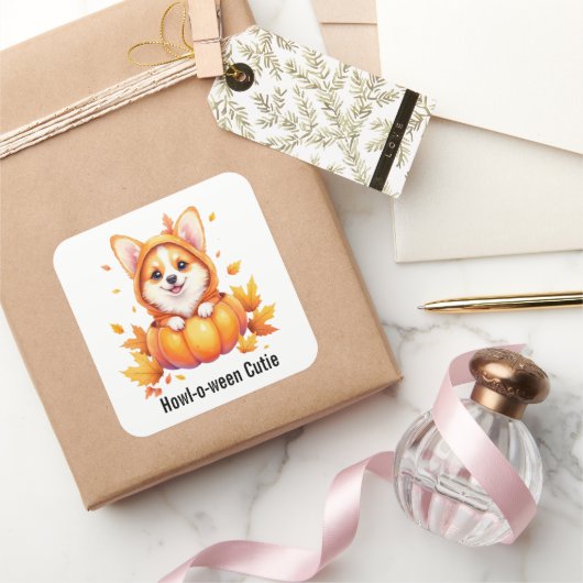 カボチャの衣装ハロウィーンの可愛いコギの子犬 スクエアシール (ギフト)