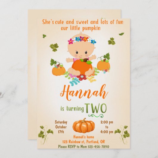 カボチャの誕生日の招待状の秋の招待状の女の子 招待状 (正面/裏面)