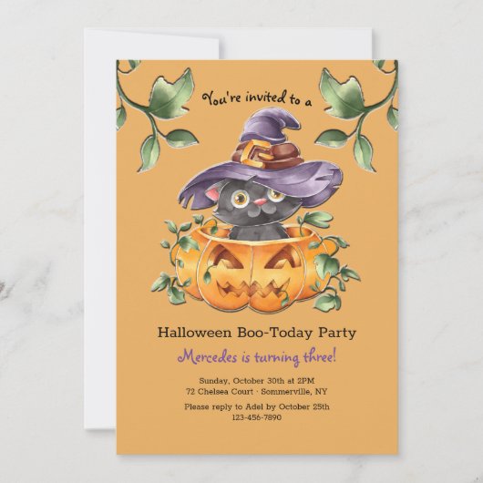 . .カボチャの誕生日パーティーで子猫を育てる 招待状 (正面)