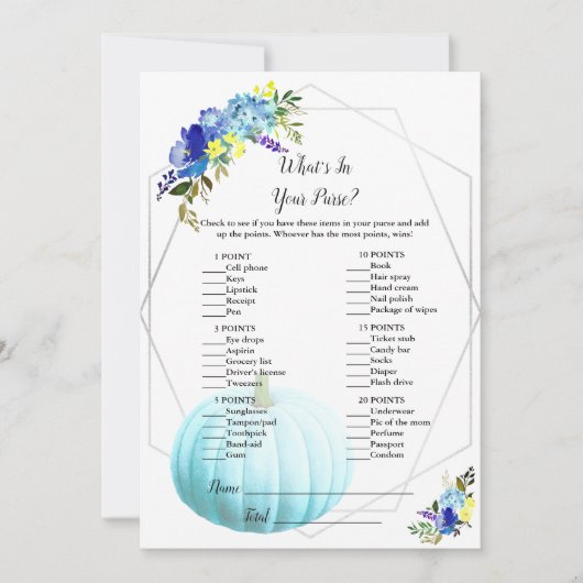 カボチャの赤ちゃんシャワーあなたの財布の中にあるものを |青 招待状 (正面)