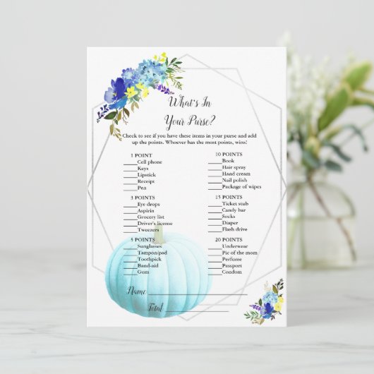 カボチャの赤ちゃんシャワーあなたの財布の中にあるものを |青 招待状 (スタンド正面)