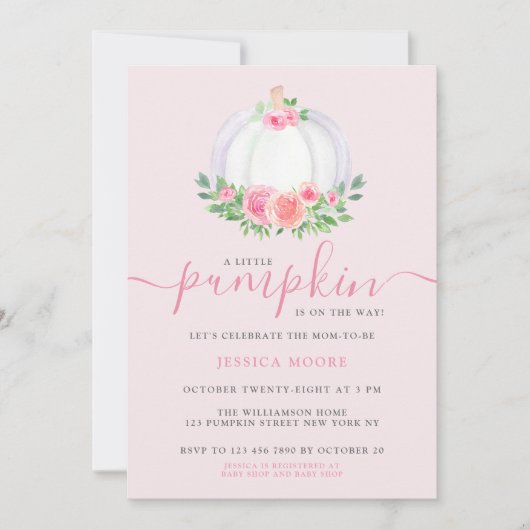 カボチャの赤ちゃんシャワーが小さなかぼちゃが途中にある 招待状 (正面)