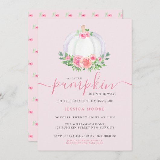 カボチャの赤ちゃんシャワーが小さなかぼちゃが途中にある 招待状 (正面/裏面)