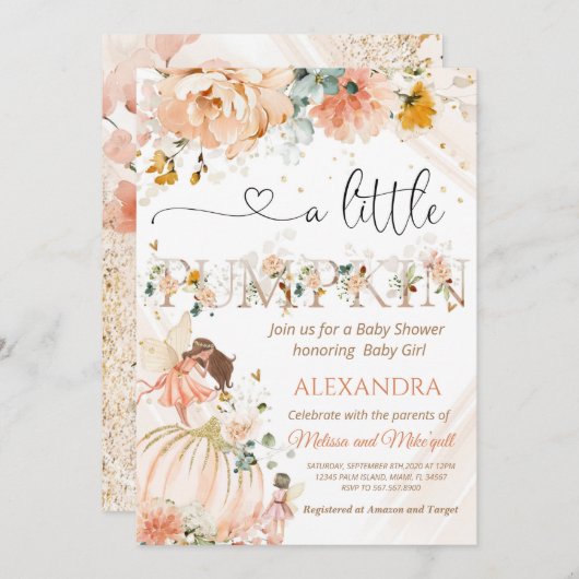 カボチャの赤ちゃんシャワー小さなカボチャが途中にある 招待状 (正面/裏面)