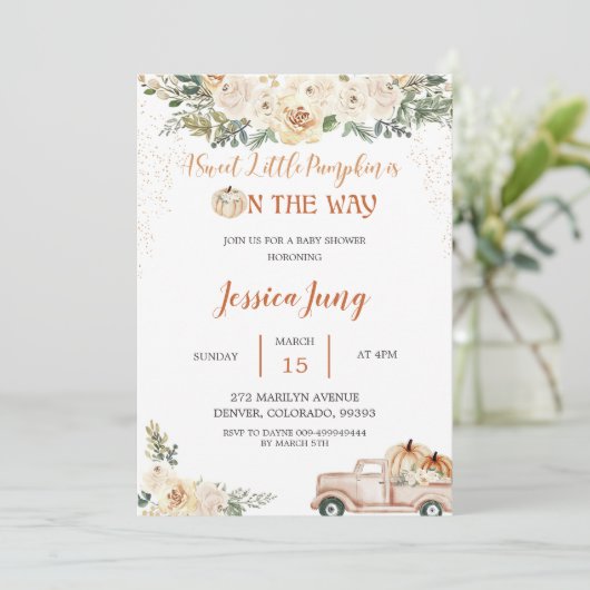 カボチャの赤ちゃんシャワー甘い小さなカボチャ 招待状 (スタンド正面)