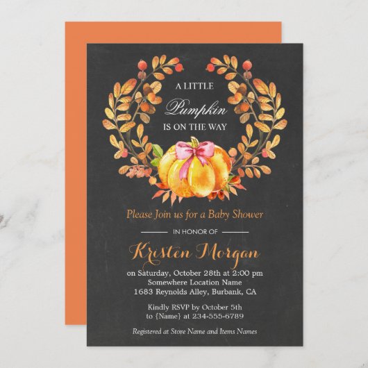 カボチャの赤ちゃんシャワー |秋素朴の黒板 招待状 (正面/裏面)