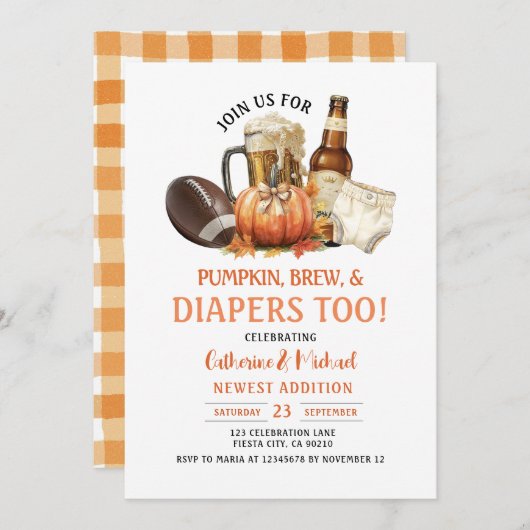 カボチャの醸造とオムツも赤ちゃんシャワー秋 招待状 (正面/裏面)