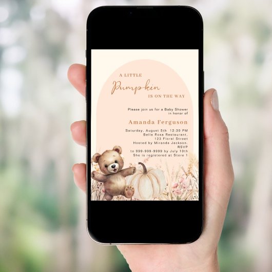 カボチャの野生の花の桃のアーチテディベビーシャワー 招待状
