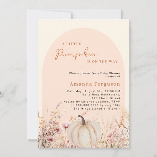 カボチャの野生の花桃ピンクのアーチ赤ちゃんシャワー 招待状 (正面)