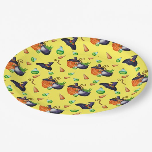 カボチャの魔女の醸造ハローウィンパーティ供給イエロー ペーパープレート (アングル)