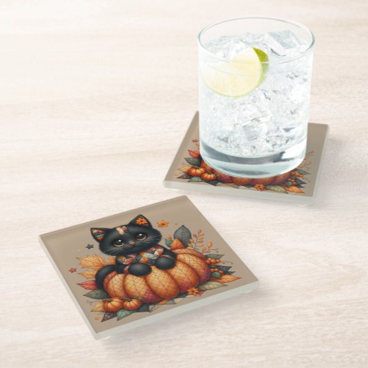 カボチャの黒猫と秋の掛け布団 ガラスコースター (アングル)