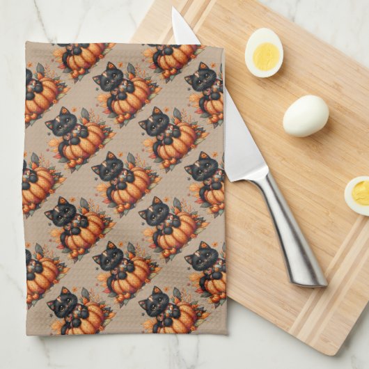 カボチャの黒猫と秋の掛け布団 キッチンタオル (四つ折り)