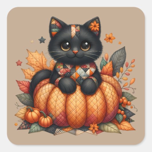 カボチャの黒猫と秋の掛け布団 スクエアシール (正面)