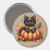 カボチャの黒猫と秋の掛け布団 マグネット (正面/裏面)