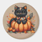 カボチャの黒猫と秋の掛け布団 マグネット (正面)