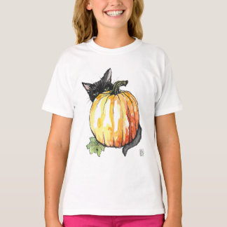 カボチャのTシャツの後ろの黒猫 Tシャツ